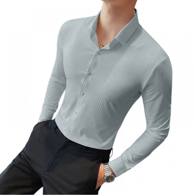 Rosolly Men's Casual Full Sleeve Striped Cotton Blended Shirt (Grey)
