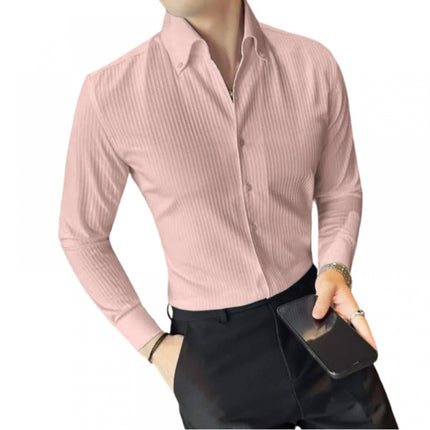 Rosolly Men's Casual Full Sleeve Striped Cotton Blended Shirt (Pink)