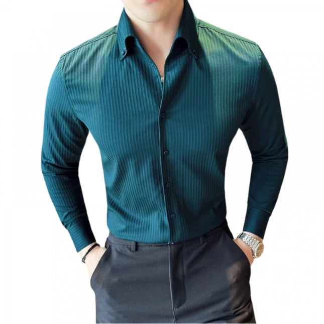 Rosolly Men's Casual Full Sleeve Striped Cotton Blended Shirt (Teal)