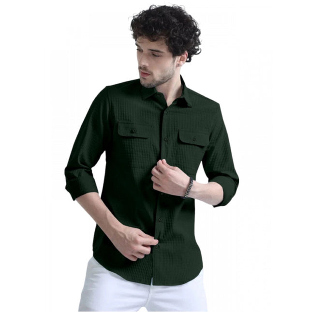 Rosolly Men's Casual Short Sleeve Striped Cotton Blended Shirt (Green)