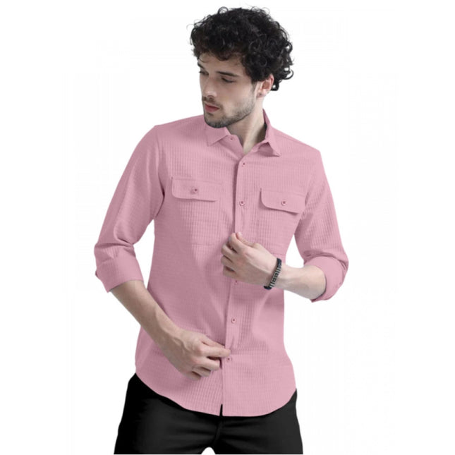 Rosolly Men's Casual Short Sleeve Striped Cotton Blended Shirt (Pink)