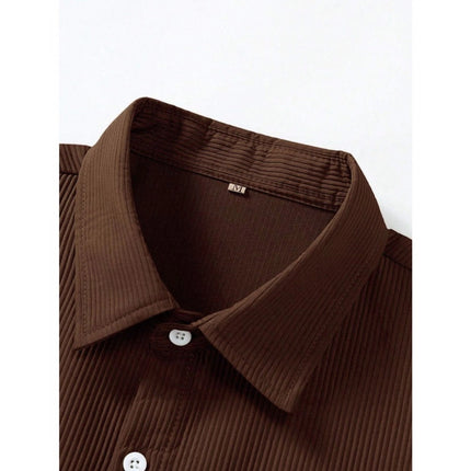 Rosolly Men's Casual Short Sleeve Striped Cotton Blended Shirt (Brown)