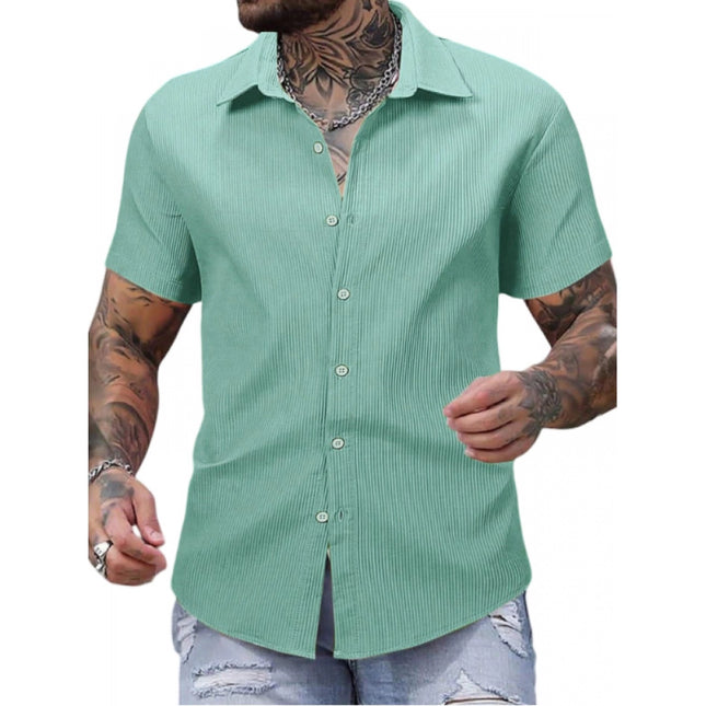 Rosolly Men's Casual Short Sleeve Striped Cotton Blended Shirt (Green)
