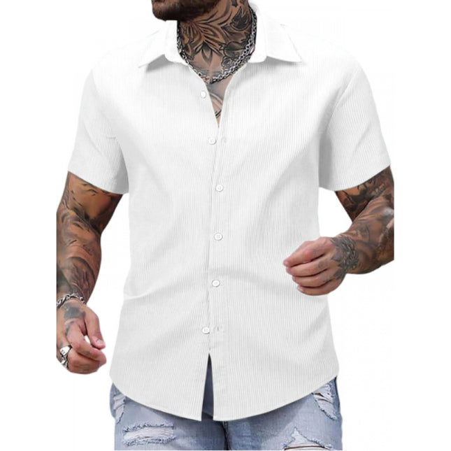 Rosolly Men's Casual Short Sleeve Striped Cotton Blended Shirt (White)