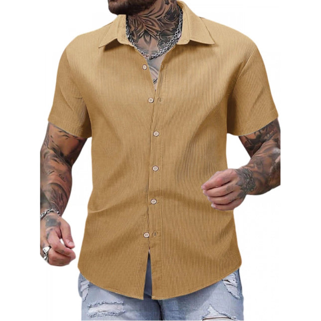 Rosolly Men's Casual Short Sleeve Striped Cotton Blended Shirt (Yellow)