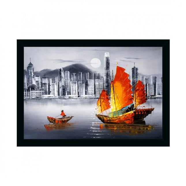 Rosolly Boat Painting Painting with Synthetic Photo Frame (Multicolor)