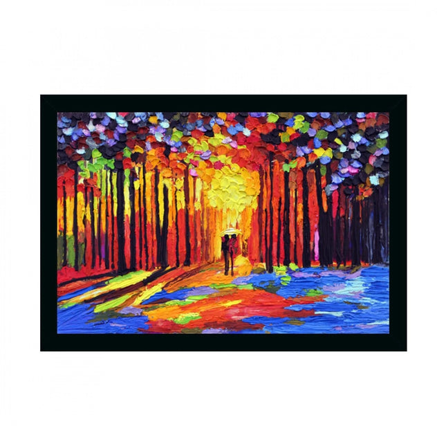 Rosolly Couple Walk In Forest Scenery Painting with Synthetic Photo Frame (Multicolor)