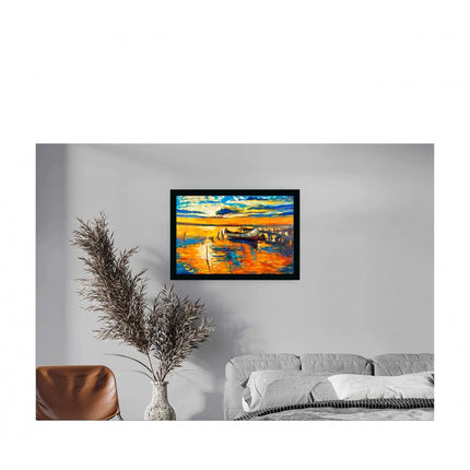 Rosolly Boat Painting Painting with Synthetic Photo Frame (Multicolor)