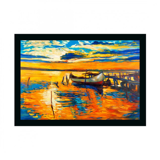 Rosolly Boat Painting Painting with Synthetic Photo Frame (Multicolor)