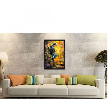 Rosolly Boy Playing Saxophone Modern Art Painting with Synthetic Photo Frame (Multicolor)