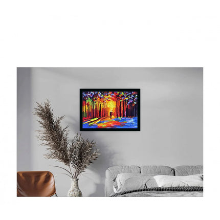 Rosolly Couple Walk In Forest Scenery Painting with Synthetic Photo Frame (Multicolor)
