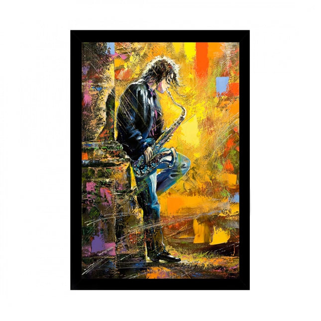 Rosolly Boy Playing Saxophone Modern Art Painting with Synthetic Photo Frame (Multicolor)