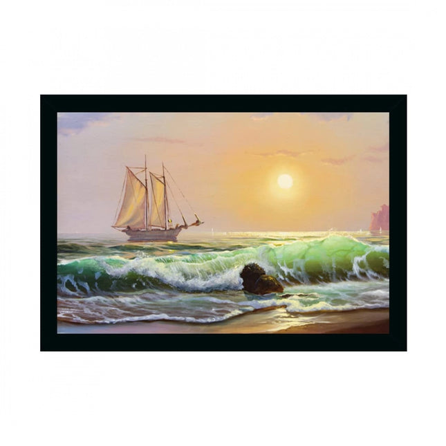 Rosolly Boat Painting Painting with Synthetic Photo Frame (Multicolor)
