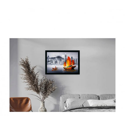 Rosolly Boat Painting Painting with Synthetic Photo Frame (Multicolor)