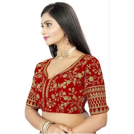 Rosolly Women's Velvet Embroidery Readymade Blouse (Red, Size: Free Size)