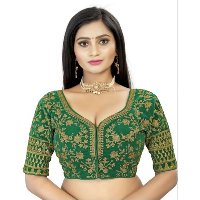 Rosolly Women's Velvet Embroidery Readymade Blouse (Green, Size: Free Size)