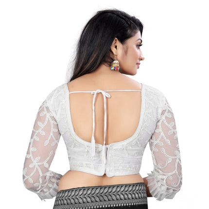 Rosolly Women's Nylon Net Embroidery Readymade Blouse (White, Size: Free Size)
