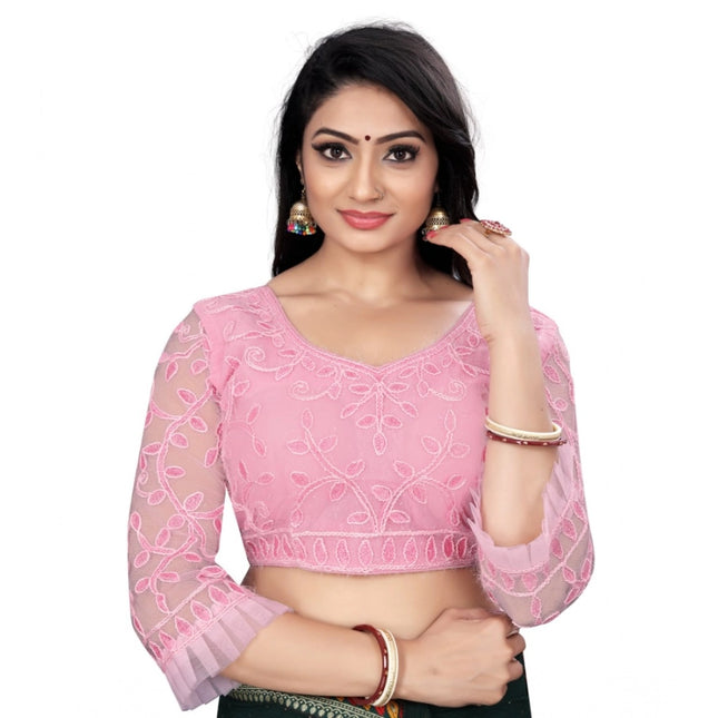 Rosolly Women's Nylon Net Embroidery Readymade Blouse (Pink, Size: Free Size)