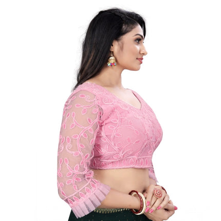 Rosolly Women's Nylon Net Embroidery Readymade Blouse (Pink, Size: Free Size)