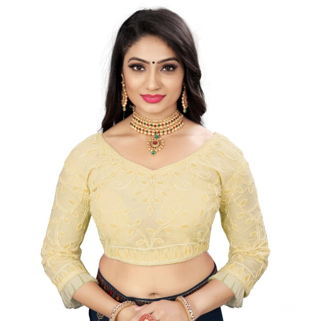 Rosolly Women's Nylon Net Embroidery Readymade Blouse (Beige, Size: Free Size)
