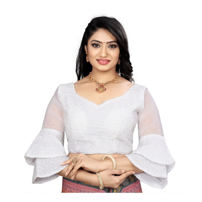 Rosolly Women's Organza Embroidery Readymade Blouse (White, Size: Free Size)