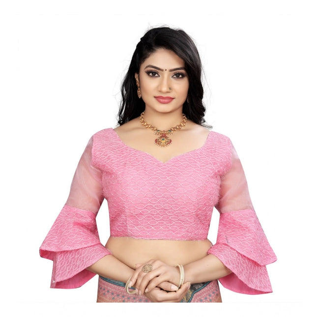 Rosolly Women's Organza Embroidery Readymade Blouse (Pink, Size: Free Size)
