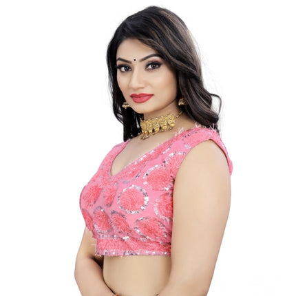 Rosolly Women's Nylon Net Sequins Readymade Blouse (Baby Pink, Size: Free Size)