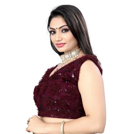 Rosolly Women's Nylon Net Sequins Readymade Blouse (Maroon, Size: Free Size)