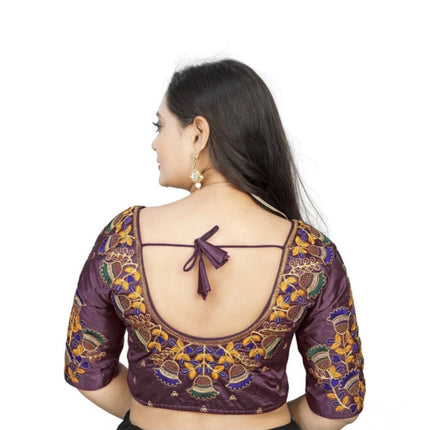 Rosolly Women's Malai Silk Floral Readymade Blouse (Purple, Size: Free Size)