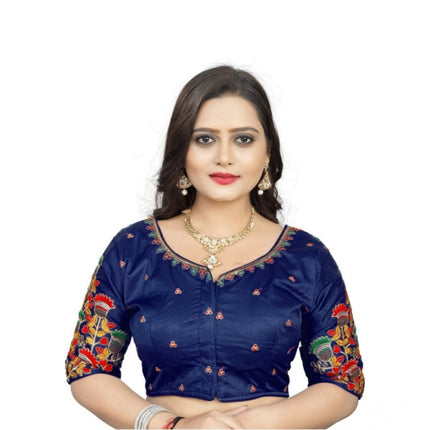 Rosolly Women's Malai Silk Floral Readymade Blouse (Navy Blue, Size: Free Size)