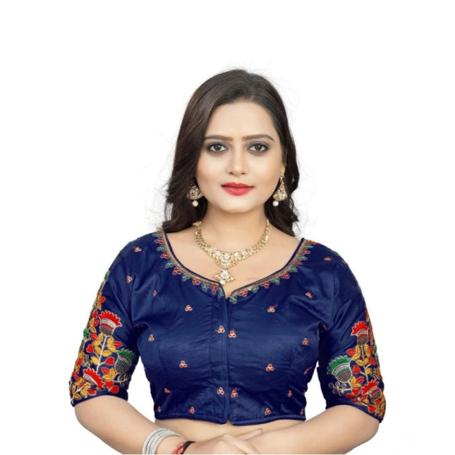 Rosolly Women's Malai Silk Floral Readymade Blouse (Navy Blue, Size: Free Size)