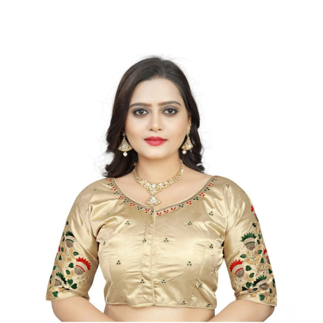 Rosolly Women's Malai Silk Floral Readymade Blouse (Cream, Size: Free Size)