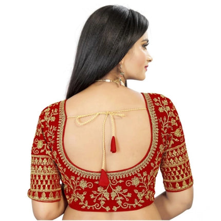 Rosolly Women's Velvet Embroidery Readymade Blouse (Red, Size: Free Size)