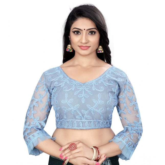 Rosolly Women's Nylon Net Embroidery Readymade Blouse (Grey, Size: Free Size)