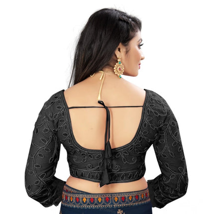 Rosolly Women's Nylon Net Embroidery Readymade Blouse (Black, Size: Free Size)