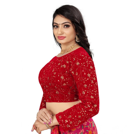 Rosolly Women's Velvet Embroidery Readymade Blouse (Red, Size: Free Size)