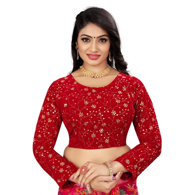 Rosolly Women's Velvet Embroidery Readymade Blouse (Red, Size: Free Size)