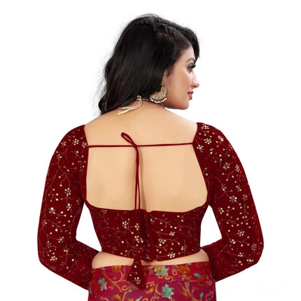 Rosolly Women's Velvet Embroidery Readymade Blouse (Maroon, Size: Free Size)