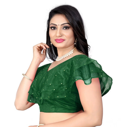 Rosolly Women's Nylon Diamond Work Readymade Blouse (Green, Size: Free Size)