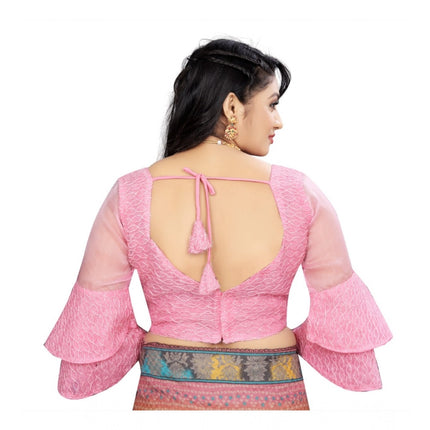 Rosolly Women's Organza Embroidery Readymade Blouse (Pink, Size: Free Size)