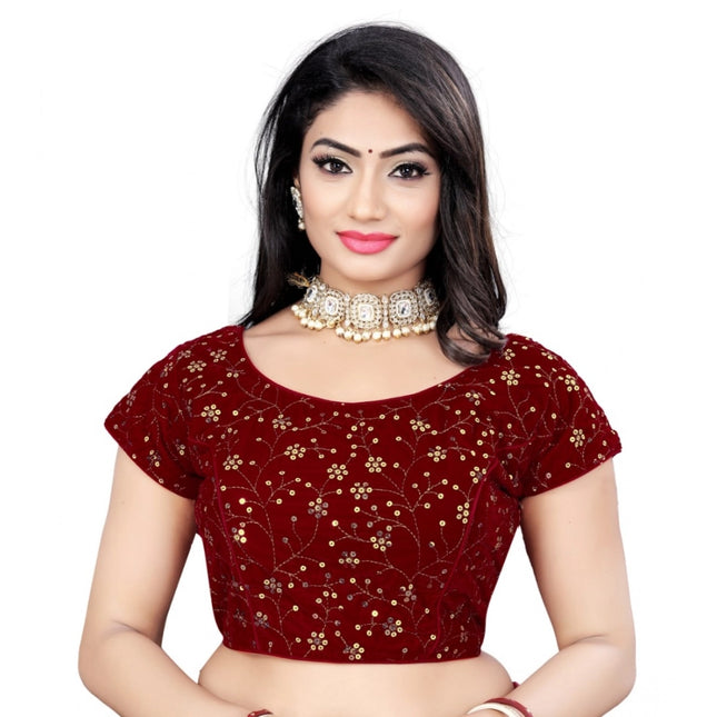 Rosolly Women's Velvet Sequins Readymade Blouse (Maroon, Size: Free Size)