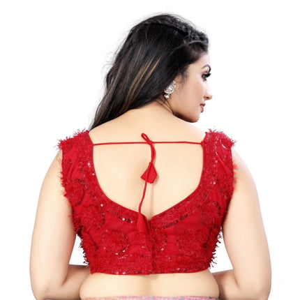 Rosolly Women's Nylon Net Sequins Readymade Blouse (Red, Size: Free Size)