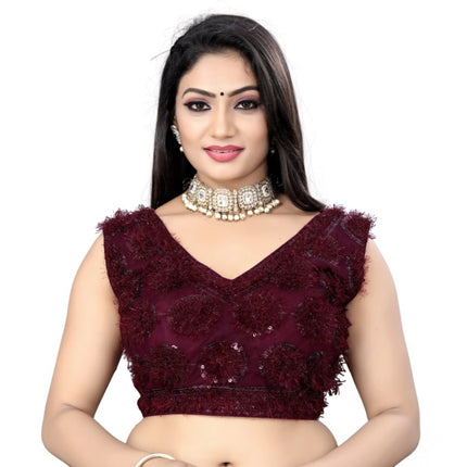 Rosolly Women's Nylon Net Sequins Readymade Blouse (Maroon, Size: Free Size)