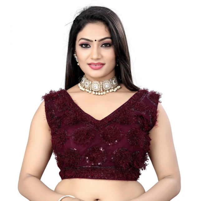 Rosolly Women's Nylon Net Sequins Readymade Blouse (Maroon, Size: Free Size)