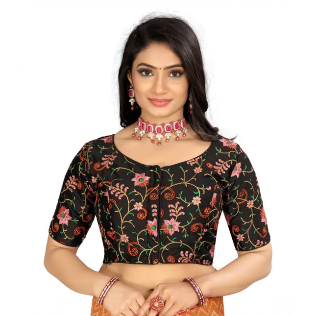 Rosolly Women's Satin Floral Readymade Blouse (Black, Size: Free Size)
