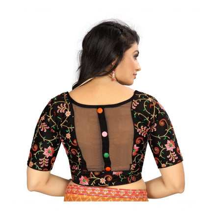 Rosolly Women's Satin Floral Readymade Blouse (Black, Size: Free Size)