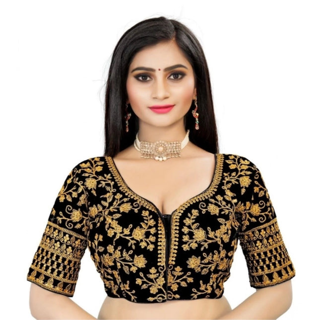 Rosolly Women's Velvet Embroidery Readymade Blouse (Black, Size: Free Size)