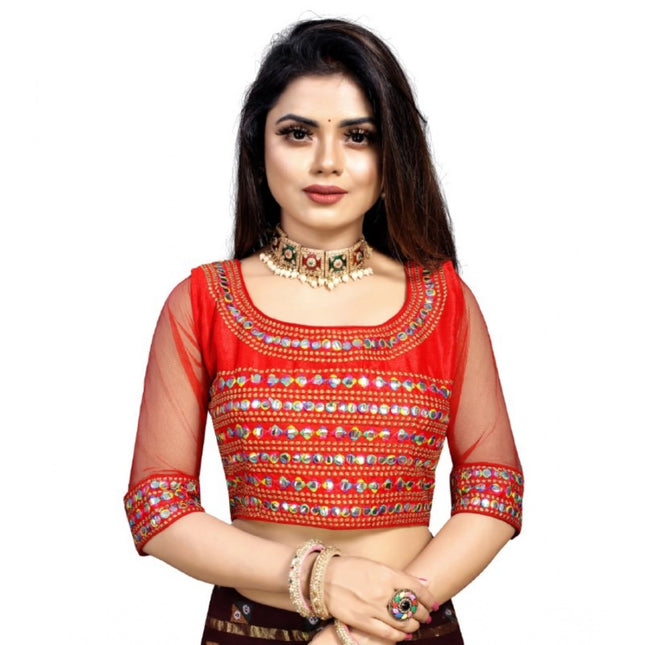 Rosolly Women's Phantom Silk Embroidery Readymade Blouse (Red, Size: Free Size)