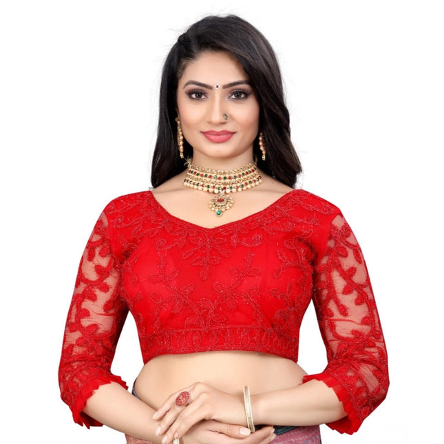 Rosolly Women's Nylon Net Embroidery Readymade Blouse (Red, Size: Free Size)