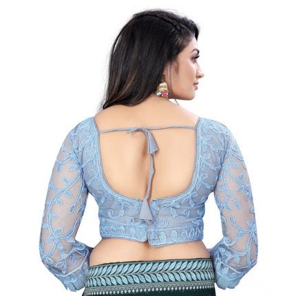 Rosolly Women's Nylon Net Embroidery Readymade Blouse (Grey, Size: Free Size)